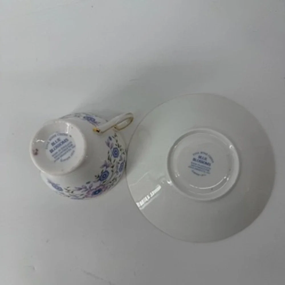 Avon Blue Blossoms Tea Cup and Saucer Set Fine Bone China England 1974 Vintage
